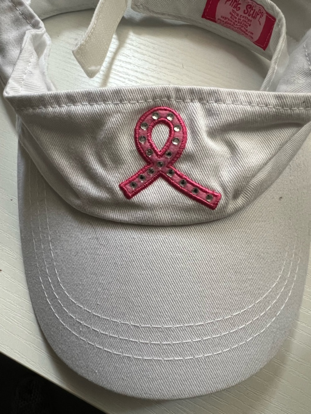 Pink Ribbon White Visor by — Embellished Support Hat